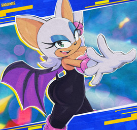 abstract_background anthro armor armwear big_breasts big_butt big_ears biped black_nose blue_eyelids bodysuit breastplate breasts butt cleavage clothed clothing elbow_gloves eyelashes fangs female fur gloves green_eyes hair handwear lips lipstick long_eyelashes makeup membrane_(anatomy) membranous_wings pink_lips sharp_teeth skinsuit solo tan_body tan_inner_ear tan_skin teeth text tight_clothing white_body white_fur white_hair wings saguinee sega sonic_the_hedgehog_(series) rouge_the_bat bat mammal 2025 artist_name hi_res
