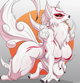 all_fours anthro anthrofied big_breasts breasts featureless_breasts female fur looking_at_viewer markings nude simple_background smile solo tail thick_thighs white_body white_fur arskie198 capcom clover_studio okami_(capcom) amaterasu_(okami) canid canine canis deity mammal wolf absurd_res hi_res