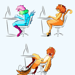 anthro beak blue_body blue_fur clothing computer electronics footwear fur group hair happy high_heels male male/male orange_body orange_fur pink_hair shoes sitting sleeping teeth toothed_beak trio felimino palomino_0v0 felix_(felimino) palomino_(felimino) roy_(felimino) avian bird columbid felid feline hybrid lion mammal pantherine pigeon 1:1 absurd_res hi_res meme