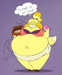 anthro belly big_belly big_breasts black_nose blonde_hair breasts button_(fastener) button_pop cleavage clothed clothing dessert dipstick_tail doughnut doughnut_box emanata female food fur hair holding_food holding_object huge_belly markings motion_lines navel obese obese_anthro obese_female overweight overweight_anthro overweight_female pastry rumbling_stomach simple_background solo sound_effects standing tail tail_markings text wardrobe_malfunction yellow_body yellow_fur beeblimp jalpunny animal_crossing nintendo isabelle_(animal_crossing) canid canine canis domestic_dog mammal shih_tzu toy_dog 2026 english_text