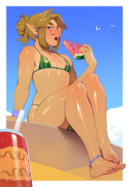 5_fingers 5_toes bikini biped blush clothed clothed_humanoid clothed_male clothing feet femboy fingers food fruit green_bikini green_clothing green_swimwear hair holding_object humanoid_feet humanoid_hands humanoid_pointy_ears looking_at_viewer male male_humanoid melon not_furry plant plantigrade pointy_ears sitting solo swimwear toes two-piece_swimsuit watermelon watermelon_slice combos-n-doodles nintendo the_legend_of_zelda link humanoid hylian absurd_res hi_res
