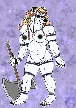 abs anthro axe battle_axe berserker bodypaint braided_hair breasts clitoris female genitals hair nipples solo vulva arwenscoots conditional_dnp bear mammal polar_bear ursine hi_res