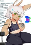 ambiguous_gender anthro belly blush bottomwear brown_body brown_fur clothing crop_top fur green_eyes hair pants paws shirt slightly_chubby slim solo sweatpants tan_body topwear whiskers white_hair 911servis made_in_abyss nanachi lagomorph mammal narehate hi_res