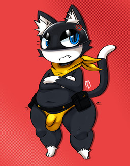 annoyed anthro belt biped black_belt black_tail blue_eyes blush blush_lines bulge cheek_tuft clothed clothed_anthro clothed_male clothing cross-popping_vein crossed_arms detailed_bulge dipstick_tail facial_tuft genital_outline glistening glistening_eyes gloves_(marking) inner_ear_fluff kerchief leg_markings logo looking_away male male_anthro markings mouth_closed navel neckerchief neckwear penis_outline pointy_ears pupils red_background shortstack shortstack_male simple_background slightly_chubby slightly_chubby_anthro slightly_chubby_male socks_(marking) solo tail tail_markings teeth thick_thighs thong tuft underwear utility_belt white_inner_ear_fluff white_tail_tip yellow_clothing yellow_kerchief yellow_neckerchief yellow_thong yellow_underwear completedlemon atlus megami_tensei persona_(series) persona_5 sega morgana_(persona) domestic_cat felid feline felis mammal tuxedo_cat 2026 artist_logo digital_media_(artwork) hi_res
