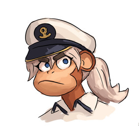 anthro blue_eyes brown_body brown_fur clothing female fur hair hat headgear headwear navy_hat peaked_cap ponytail simple_background solo white_background white_hair redustheriotact bloons_tower_defense ninja_kiwi admiral_brickell haplorhine mammal monkey primate 2024 headshot_portrait hi_res portrait