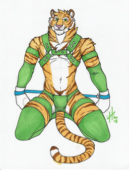 anthro arm_tuft armwear athletic athletic_anthro athletic_male bondage_gear bondage_gloves bottomwear bound brown_stripes cheek_tuft clothing facial_tuft front_view fur green_armwear green_bottomwear green_clothing green_eyes green_legwear hands_tied handwear head_tuft kneeling legwear male male_anthro markings neck_tuft pink_nose shoulder_tuft simple_background solo striped_arms striped_body striped_fur striped_legs striped_markings striped_neck striped_tail stripes tail tail_markings tuft white_background white_body white_fur yellow_body yellow_fur hufnaar felid mammal pantherine tiger 2018 dated hi_res
