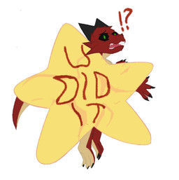 anthro black_sclera claws confusion eyebrows fur horn interrobang male multicolored_body open_mouth outline raised_eyebrows red_body red_fur simple_background solo sticker stuck tail trapped protogensixty stonescales kobold lizard reptile scalie hi_res meme