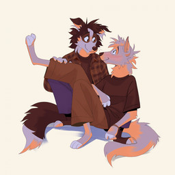 affectionate anthro barefoot black_body black_clothing black_fur black_nose black_shirt black_t-shirt black_tail black_topwear blush blush_lines bottomwear bracelet brown_bottomwear brown_clothing brown_pants clothed clothing duo eye_contact feet flannel_shirt fluffy fluffy_tail fully_clothed fur head_tuft holding_leg jewelry looking_at_another male male/male multicolored_body multicolored_face multicolored_fur multicolored_tail neck_tuft pants romantic shirt short_sleeves simple_background sitting smile smiling_at_another smiling_at_each_other t-shirt tail topwear tuft white_background white_body white_fur white_tail liossar nordwind snacson border_collie canid canine canis collie domestic_dog herding_dog mammal pastoral_dog sheepdog 1:1 2025 hi_res