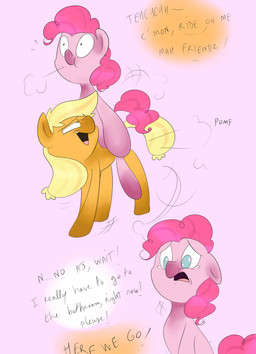 blonde_hair blue_eyes dialogue drunk duo female feral fur green_eyes hair half-closed_eyes narrowed_eyes omorashi orange_body orange_fur pink_body pink_fur pink_hair sitting substance_intoxication text theponybox696 friendship_is_magic hasbro my_little_pony applejack_(mlp) pinkie_pie_(mlp) earth_pony equid equine horse mammal pony 2013 absurd_res comic english_text hi_res