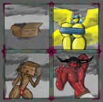 4_panel_comic anthro blush body_growth box brown_body cardboard cardboard_box clothing container female femboy flirting grey_background group male mouthless muscular red_body simple_background thong trio underwear yellow_body lutha selendis_(lutha) angel animate_inanimate cardboard_creature demon humanoid paper_creature paper_humanoid hi_res meme