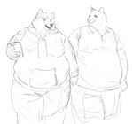 anthro bottomwear cellphone clothed clothing collared_shirt duo electronics holding_object holding_phone hoodie jumper male overweight overweight_anthro overweight_male pants phone shirt smartphone topwear walking cettus kurtis_ziegler canid canine canis cougar felid feline mammal wolf 2021 sketch