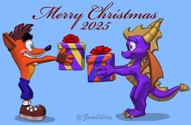 anthro bottomwear clothing duo fingerless_gloves footwear gift gloves green_eyes hair handwear holding_gift holding_object horn male membrane_(anatomy) membranous_wings purple_body shoes shorts side_view simple_background smile standing tail wings charles_zembillas activision crash_bandicoot_(series) mythology spyro_the_dragon crash_bandicoot spyro bandicoot dragon mammal marsupial mythological_creature mythological_scalie scalie 2025 hi_res