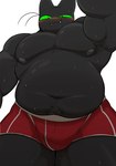 anthro belly black_body black_fur blush bodily_fluids body_hair bottomwear bulge clothing fur green_eyes male muscular muscular_anthro muscular_male overweight overweight_male sharp_teeth smile solo sweat teeth underwear whiskers oyasmis cartoon_network mao_mao:_heroes_of_pure_heart sheriff_mao_mao_mao domestic_cat felid feline felis mammal hi_res