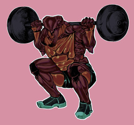 anthro black_eyes brown_body clothing compound_eyes crouching exoskeleton female footwear gym gym_equipment male mandibles muscular muscular_male pink_background shoes simple_background sneakers sportswear sun_bug arthropod beetle insect stag_beetle hi_res