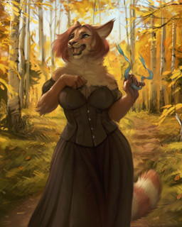 anthro arm_tuft blue_eyes chest_tuft clothing dress ear_tuft elbow_tuft fangs female forest front_view fur hair inner_ear_fluff looking_up markings neck_tuft open_mouth open_smile orange_body orange_ears orange_fur orange_hair orange_tail outside pink_tongue plant smile solo striped_markings striped_tail stripes tail tail_markings tan_body tan_fur tan_inner_ear_fluff tan_tail teeth tongue tree tuft unsigned whiskers lostgoose veysha_(akiomai) felid mammal 2021 4:5 hi_res