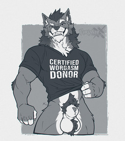 animal_genitalia anthro arm_tuft ball_tuft ballhawk balls bared_teeth bottomless bottomless_anthro bottomless_male clothed clothing ear_piercing elbow_tuft fangs genitals hair looking_at_viewer male muscular muscular_anthro muscular_male neck_tuft notched_ear penis penis_tip piercing pubes sheath shirt solo teeth text text_on_clothing text_on_shirt text_on_topwear topwear tuft whisker_spots ferankee_(artist) blizzard_entertainment warcraft canid mammal werecanid werecreature worgen 2025 digital_media_(artwork) portrait three-quarter_portrait