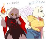 alternate_universe anthro clothed clothing female fire fur grin mature_anthro mature_female smile solo teeth text white_body white_fur skellymor underfell undertale undertale_(series) fan_character toriel toriel_(underfell) boss_monster_(undertale) bovid caprine mammal 2016 english_text