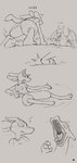 2020 3_fingers 3_toes action_pose anthro anthro_prey arm_support attack barefoot belly biped black_and_grey black_text bodily_fluids canid canine charizard chest_spike claws comic digital_drawing_(artwork) digital_media_(artwork) digitigrade dragon duo feet feet_first feral feral_pred fight finger_claws fingers fire flying_kick front_view fur fur_tuft generation_1_pokemon generation_4_pokemon grey_background half-closed_eyes hand_spike hi_res imminent_vore jumping kick level_difference level_number line_art long_neck long_tail looking_at_another lucario lunlunfox male male_pred male_prey mammal membrane_(anatomy) membranous_wings midair monochrome motion_lines mouth_shot multiple_scenes mythological_creature mythological_scalie mythology narrowed_eyes nintendo nude number open_mouth oral_vore outside paws plant pokemon pokemon_(species) pose pseudo_clothing rear_view scalie semi-anthro shrub side_view simple_background sketch soft_vore spikes spikes_(anatomy) spread_wings standing sweat tail text three-quarter_view tired toes tuft tv_dinner_art unfinished vore wings