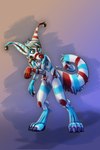 anthro bell blue_pattern crux digitigrade drqube ear_piercing ear_ring fur grin hi_res long_ears male multicolored_body multicolored_fur piercing red_nose red_pattern ring_piercing smile solo tail teeth_showing unfinished white_body white_fur yellow_eyes