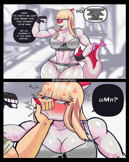 anthro big_breasts black_border blonde_hair blue_eyes blurred_background blush blushing_profusely bodily_fluids bone_frill border bra breasts camel_toe clothing cross-popping_vein crotch_lines dialogue duo eyelashes eyes_mostly_closed female fingerless_gloves fingers fist flexing flexing_bicep frill_(anatomy) gloves grey_bra grey_clothing grey_panties grey_underwear hair hand_on_hip handwear holding_mouth_shut human_on_anthro humanoid_hands interspecies long_eyelashes long_hair long_tail looking_aside male male/female muscular muscular_anthro muscular_female narrowed_eyes navel non-mammal_navel panties pink_body pose small_waist smug snout_grab soft_abs speech_bubble spiked_tail spikes spikes_(anatomy) sports_bra surprised sweat sweatdrop sweaty_body tail talking_to_viewer text thought_bubble underwear ventral_groove white_body wide_hips dannoartista cavemanon_studios i_wani_hug_that_gator mia_moretti dinosaur hadrosaurid human mammal ornithischian ornithopod parasaurolophus prehistoric_species reptile scalie absurd_res colored comic english_text hi_res huge_filesize shaded