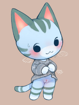 anthro blue_body blue_fur blush blush_lines bodily_fluids bottomless bottomless_anthro chibi clitoral_hood clothed clothing clothing_lift female fur genital_fluids genitals grey_body grey_fur multicolored_body musk no_underwear plump_labia red_inner_ear simple_background solo sweat vaginal_fluids vulva kirichiiii animal_crossing nintendo lolly_(animal_crossing) felid mammal 2025 colored digital_drawing_(artwork) digital_media_(artwork)
