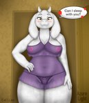 anthro babydoll blush breasts clothing delta_rune_(emblem) female mature_female nightgown nipples panties print_clothing print_panties print_underwear pubic_mound purple_babydoll purple_clothing purple_panties purple_underwear slightly_chubby solo symbol text translucent_babydoll underwear wide_hipped_female wide_hips azurelight undertale undertale_(series) toriel boss_monster_(undertale) english_text hi_res