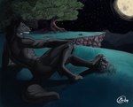 anthro cliff digitigrade full_moon green_eyes male moon muscular night nude outside plant solo tree mariart thundergrey canid canine canis mammal wolf 2009 signature