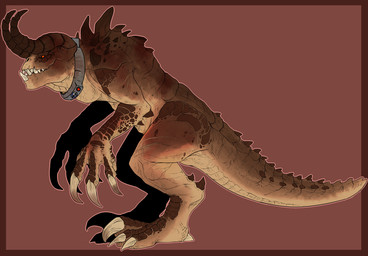 ambiguous_gender biped brown_body brown_horn brown_scales brown_tail claws horn ridged_horn scales sharp_teeth side_view solo spiked_tail spikes spikes_(anatomy) standing tail tan_body tan_scales tan_tail teeth swampjaws fallout microsoft deathclaw scalie