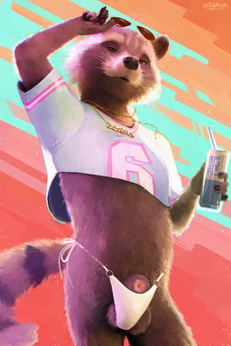 animal_genitalia anthro balls beverage beverage_can bikini bikini_bottom brown_body brown_fur can clothed clothing container crop_top crossdressing crossdressing_male eyewear fully_sheathed fur genitals holding_can holding_container holding_eyewear holding_object holding_sunglasses jewelry looking_at_viewer male midriff navel necklace sheath shirt solo standing sunglasses swimwear tail topwear two-piece_swimsuit sidekick grand_theft_auto grand_theft_auto_vi gta_vi_cover_girl guardians_of_the_galaxy marvel rockstar_games rocket_raccoon mammal procyonid raccoon digital_media_(artwork) hi_res