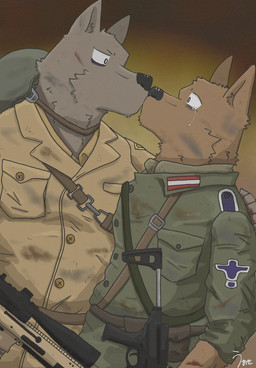 anthro armor bodily_fluids brown_body brown_fur clothing duo eye_contact fur grey_body grey_fur gun headgear helmet kissing looking_at_another male male/male military military_uniform ranged_weapon simple_background soldier tears uniform warrior weapon w0se canid canine canis mammal wolf hi_res signature