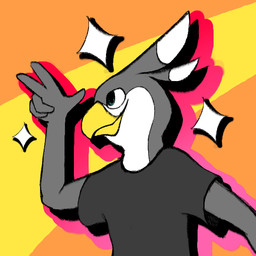 anthro beak blue_eyes clothing countershading feathers gesture grey_body grey_feathers head_tuft male multicolored_body pattern_background pose shirt simple_background smile solo sparkles sparkling_character standing t-shirt topwear tuft white_body white_feathers dynabird dyna_(dynablade_savior) avian bird digital_media_(artwork) half-length_portrait portrait