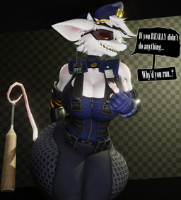 anthro baseball_bat bat_(object) bedroom_eyes big_breasts blue_clothing blue_gloves blue_handwear bottomwear breasts clothing dialogue electronics female fingerless_gloves freckled_breasts freckled_shoulders freckles fur gloves hair handwear narrowed_eyes orange_eyes pants police police_officer seductive solo speech_bubble text thick_thighs walkie-talkie wearing_hat white_body white_fur white_hair wide_hips anaroth warfaremachine_(modeler) officer_flint_(foresttherotten) mammal murid murine rat rodent 2026 3d_(artwork) digital_media_(artwork) english_text hi_res