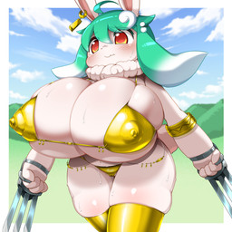 4_fingers anthro armlet big_breasts bikini blush bodily_fluids breasts camel_toe claw_(weapon) clothing cloud day ear_piercing female fingers fur gold_(metal) gold_armlet gold_bikini gold_jewelry gold_stockings grass green_hair hair huge_breasts hyper hyper_breasts jewelry melee_weapon nipple_outline outside piercing plant shortstack shortstack_female solo sweat swimwear tail two-piece_swimsuit weapon white_body white_fur obikuragetyan lagomorph leporid mammal rabbit 1:1 2025 digital_media_(artwork) hi_res
