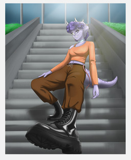 alternate_costume anthro biped black_boots black_clothing black_footwear boots bottomwear breasts brown_bottomwear brown_clothing brown_pants choker clothed clothed_anthro clothed_female clothing facial_horn female fingers footwear frill_(anatomy) frill_piercing front_view furgonomic_piercing furgonomics grass hair horn humanoid_hands jewelry looking_at_viewer looking_down markings medium_breasts navel necklace non-mammal_breasts non-mammal_navel orange_clothing orange_shirt orange_topwear outside pants piercing plant plantigrade pose purple_body purple_eyes purple_hair shirt shoes short_hair smile solo spots spotted_markings stairs standing tail topwear jaaayyaaay cavemanon_studios goodbye_volcano_high ko_op_(game_developer) snoot_game trish_(gvh) ceratopsian ceratopsid chasmosaurine dinosaur marginocephalian ornithischian prehistoric_species reptile scalie triceratops absurd_res colored hi_res shaded