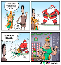 abs ball_and_chain beard belt big_beard big_nose black_beard black_eyes black_facial_hair black_hair bottomwear brown_bottomwear brown_clothing brown_footwear brown_gloves brown_handwear brown_pants brown_shoes chalkboard christmas_clothing christmas_headwear clenched_teeth closed_smile clothing crown dress exercise eyelashes facial_hair female five_o'clock_shadow footwear gift gloves green_clothing green_dress group hair hands_on_hips handwear hat headgear headwear holidays humanoid_pointy_ears humor light_body light_skin long_ears long_hair male mouth_closed muscular muscular_arms muscular_female mustache not_furry orange_hair pants pointy_ears pointy_nose ponytail prison red_bottomwear red_clothing red_hat red_headwear red_pants rope rope_belt santa_hat sharp_teeth shoes slave smile speech_bubble tan_body tan_skin teeth text tiara torn_clothing weightlifting weights white_beard white_facial_hair white_mustache workout workshop writing_on_wall yelling merrivius christmas elf_comic elf_(merrivius) human_(merrivius) santa_claus christmas_elf elf human mammal comic english_text hi_res