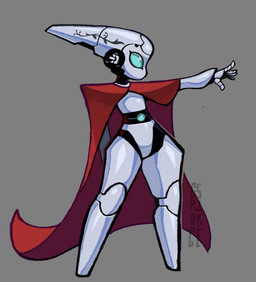 arm_out black_body blue_eyes cape clothing eyelashes featureless_feet feet female female_humanoid flat_chested glistening glistening_eyes machine mouthless multicolored_body not_furry pseudo_hair side_view small_waist solo vine_tattoo white_body grogsire disney fireball_(disney) drossel_von_flugel_(fireball) humanoid robot robot_humanoid 2026 digital_drawing_(artwork) digital_media_(artwork)