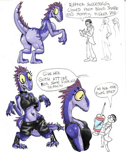 alternative_fashion breasts busty_feral butt claws clothing collar female feral finger_claws fishnet_clothing goth male navel non-mammal_breasts non-mammal_navel questionable_consent science simple_background solo_focus tail text toe_claws white_background yellow_sclera lag_(artist) dinosaur prehistoric_species reptile saurischian scalie theropod english_text hi_res
