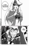 blush bra clothing dialogue duo female horn male sharp_teeth surprised_expression teeth text underwear undressing katorishimatsu hazbin_hotel alastor_(hazbin_hotel) charlie_morningstar deer demon mammal comic english_text hi_res monochrome