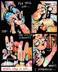 4_panel_comic abstract_colors anthro black_background bow_tie dialogue duo eyelashes hand_on_another's_cheek hand_on_another's_shoulder hand_on_shoulder male male/male mirror mirror_reflection reflection simple_background sink text rawdawgcomics rawdawgcomics_(series) bingus_(rawdawgcomics) stahli_(rawdawgcomics) canid canine canis domestic_dog lagomorph leporid mammal rabbit artist_name comic digital_media_(artwork) english_text hi_res