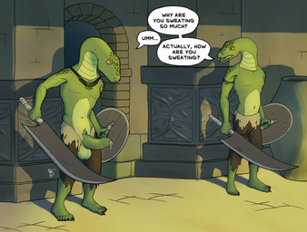 anthro archway balls bodily_fluids bottomwear bracelet clothed clothing dripping duo foreskin genital_fluids genitals green_body green_scales guard holding_melee_weapon holding_object holding_shield holding_sword holding_weapon jewelry leaking_precum looking_at_another male melee_weapon necklace open_bottomwear open_clothing open_pants orange_eyes pants penis precum precum_drip scales shield standing stone_wall sweat sword vase wall_(structure) weapon birbdrain dark_souls fromsoftware manserpent reptile scalie snake absurd_res digital_drawing_(artwork) digital_media_(artwork) hi_res