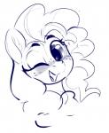 female looking_at_viewer mature_female one_eye_closed open_mouth open_smile simple_background smile solo wink dimfann friendship_is_magic hasbro my_little_pony pear_butter_(mlp) equid equine horse mammal pony blue_and_white hi_res monochrome sketch