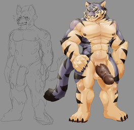 4_toes anthro balls barazoku black_body black_claws black_fur black_stripes black_tail_tip blue_body blue_fur brown_glans brown_nipples brown_penis claws dipstick_tail duo fangs feet flaccid fur genitals glans grey_background half-erect hand_on_hip hand_on_own_hip humanoid_genitalia humanoid_penis male male_anthro markings mouth_closed multicolored_body multicolored_fur muscular muscular_anthro muscular_male nipples nude_anthro nude_male penis simple_background spots spotted_body standing striped_body striped_fur striped_legs striped_markings striped_tail stripes tail tail_markings tan_balls tan_body tan_fur teeth thick_penis toes geppei5959 felid hyena mammal pantherine spotted_hyena tiger 2025 absurd_res digital_drawing_(artwork) digital_media_(artwork) full-length_portrait hi_res portrait unfinished