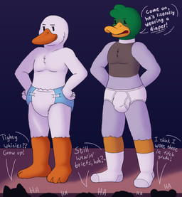anthro barefoot beak biped blue_diaper blush briefs bulge childish_briefs childish_underwear clothed clothing colored_seam_briefs colored_seam_underwear confident crowd detailed_bulge dialogue diaper diaper_only diaper_tape duo_focus exasperation feathers feet footwear green_body green_feathers grey_body grey_feathers grey_seam_briefs grey_waistband group insult laugh male male_anthro orange_beak socks text tighty_whities topless underwear waistband_stripe wearing_diaper white_body white_briefs white_clothing white_diaper white_feathers white_footwear white_socks white_text white_underwear gramy anas anatid anseriform anserine avian bird call_duck dabbling_duck duck goose mallard hi_res story story_in_description