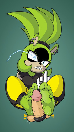 anthro clothing ear_piercing feet female foot_fetish foot_play footjob genitals gloves green_body handwear penile penis piercing sex white_clothing white_gloves white_handwear nasiri_(artist) idw_publishing sega sonic_the_hedgehog_(comics) sonic_the_hedgehog_(idw) sonic_the_hedgehog_(series) surge_the_tenrec afrosoricid mammal tenrec 9:16 hi_res