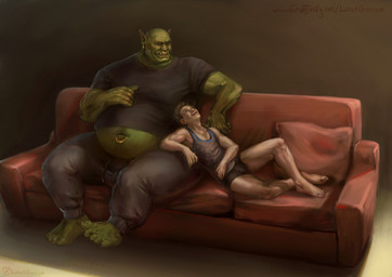 belly clothed clothing duo ear_piercing ear_ring facial_piercing feet furniture green_body green_skin hair happy human_on_humanoid husband interspecies larger_humanoid male male/male navel navel_piercing navel_ring nose_piercing nose_ring not_furry overweight overweight_humanoid piercing ring_piercing size_difference slightly_chubby smaller_human smile smug sofa thick_thighs lostgoose human humanoid mammal orc 2019