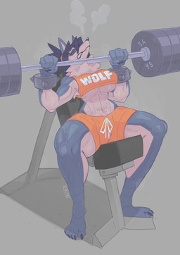 abs accessory anthro armpit_hair athletic_wear barbell big_breasts bodily_fluids body_hair bottomwear bra bracelet breasts clothed clothing exercise female fur grey_body grey_fur gym_bottomwear gym_shorts hair_accessory hair_tie jewelry muscular muscular_anthro muscular_female shorts solo spiked_bracelet spikes sports_bra sweat under_boob underwear weightlifting weights workout nanokindred canid canine canis mammal wolf absurd_res hi_res