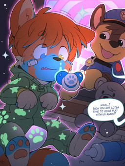 anthro baby_bottle biped clothing dialogue diaper duo feral glowing heterochromia magic male onesie onesie_open pacifier plushie portal quadruped sitting sitting_on_ground speech_bubble teddy_bear text young tanukeart paw_patrol chase_(paw_patrol) canid canine canis domestic_dog german_shepherd herding_dog mammal pastoral_dog 3:4 english_text hi_res