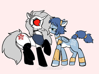 abstract_background alternate_species armor black_clothing black_legwear black_stockings blue_body blue_fur blue_mane blue_tail blush blush_lines choker clothing cosplay crossover_cosplay cutie_mark duo eyelashes female feral fluffy fluffy_tail fur grey_body grey_fur grey_mane grey_tail hooves horn jewelry legwear long_mane long_tail mane multicolored_body multicolored_fur necklace occult_symbol pentagram ponification red_sclera short_mane smile snout stockings symbol tail teal_eyes text thick_thighs two_tone_body two_tone_fur unicorn_horn white_body white_eyes white_fur wings aabramsart hasbro hellaverse helluva_boss my_little_pony mythology nintendo star_fox krystal_(star_fox) loona_(helluva_boss) equid equine mammal mythological_creature mythological_equine pegasus unicorn 2025 artist_name crossover digital_drawing_(artwork) digital_media_(artwork) hi_res watermark