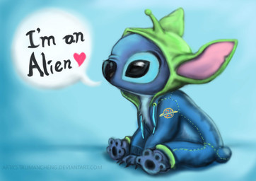 antennae_(anatomy) blue_body blue_fur claws clothing cosplay eyebrows fur heart_symbol male pawpads pink_inner_ear semi-anthro sitting solo sweater text topwear trumancheng disney lilo_and_stitch pixar toy_story alien_(toy_story) stitch_(lilo_and_stitch) alien experiment_(lilo_and_stitch) 2015 english_text signature male_(lore)