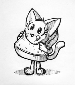 anthro bread eyelashes female food simple_background smile solo standing tongue tongue_out whiskers white_background young young_anthro mr_harinezumi mildred_(el_senor_erizo) domestic_cat felid feline felis mammal black_and_white monochrome